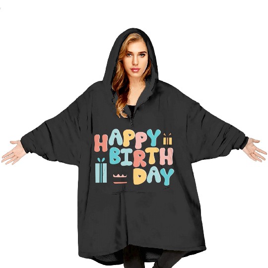 Happy Birthday Typography Art with Cake & Gifts Blanket Hoodies