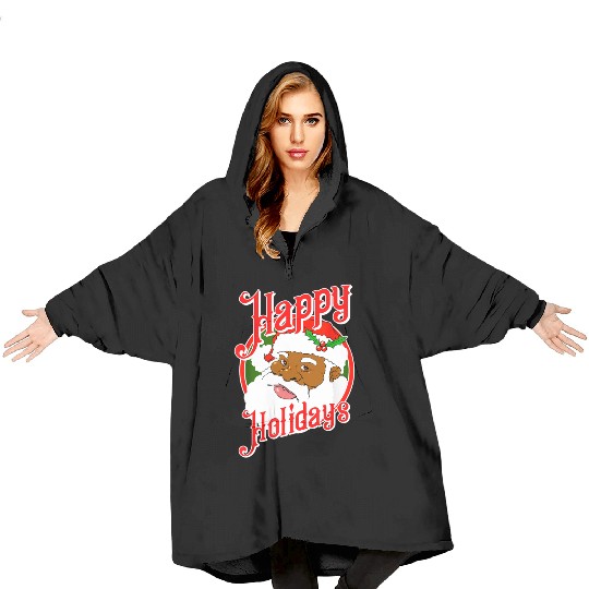 Happy Holidays African American Black Santa Claus Blanket Hoodies