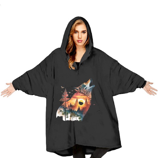 Vintage Wolf Moon Graphic Blanket Hoodies – Retro 90s