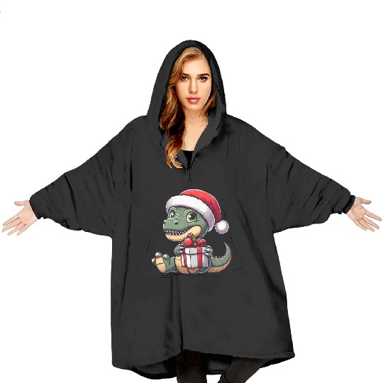 Christmas T-Rex Balancing Santa Dino Blanket Hoodies