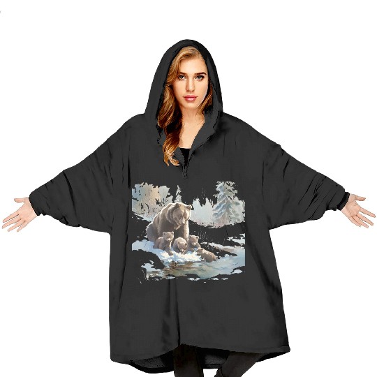 Retro 399 Grizzly Bears Wilderness Scene 90s Blanket Hoodies
