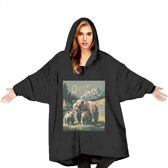 Queen of the Tetons Grizzly 399 Vintage Nature Art Blanket Hoodies