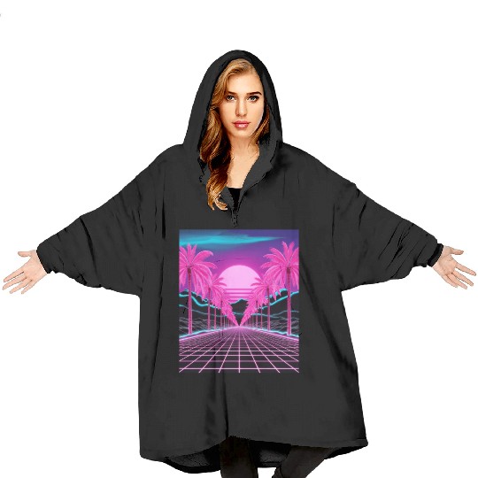 Neon Dreamscape: Retro-Futuristic Synthwave Sunset Blanket Hoodies