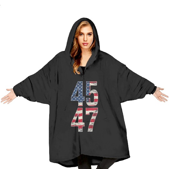 45 and 47 American Flag Reflection Trump 2024 Blanket Hoodies