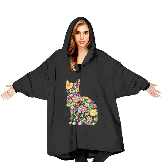 Floral Cat Silhouette nature santa christmas light Blanket Hoodies