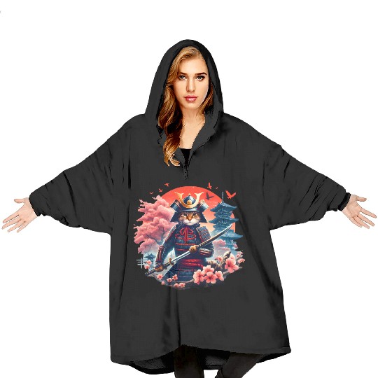 Samurai Cat Graphic Warrior Vintage Japanese Anime Blanket Hoodies