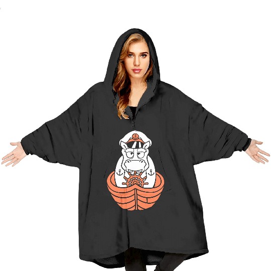 Funny Hippo Old Captain Sails Cute Cartoon Comic Blanket Hoodies