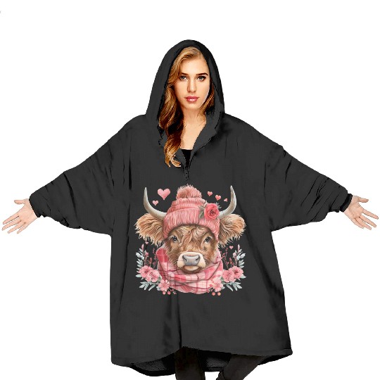 Cute Highland Cow Valentines Day Blanket Hoodies