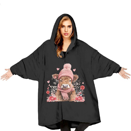 Cute Highland Cow Valentines Day Blanket Hoodies
