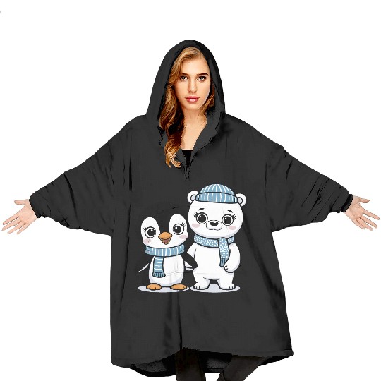Happy Penguin and Polar Bear Best Friends Blanket Hoodies