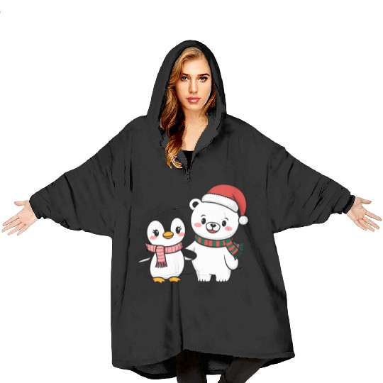 Santa Polar Bear and Penguin Friends Blanket Hoodies