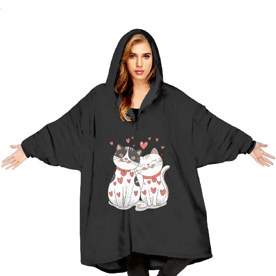 Cat Couple, Valentines, Valentines Day Blanket Hoodies