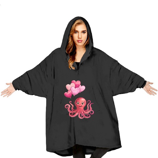 Octopus With Heart Balloons Valentines Day Octopus Blanket Hoodies