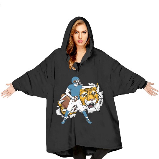 Dynamic Football Player and Tiger Illustration Blanket Hoodies