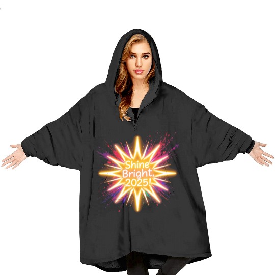 A large starburst glowing in neon light with 2025 Blanket Hoodies