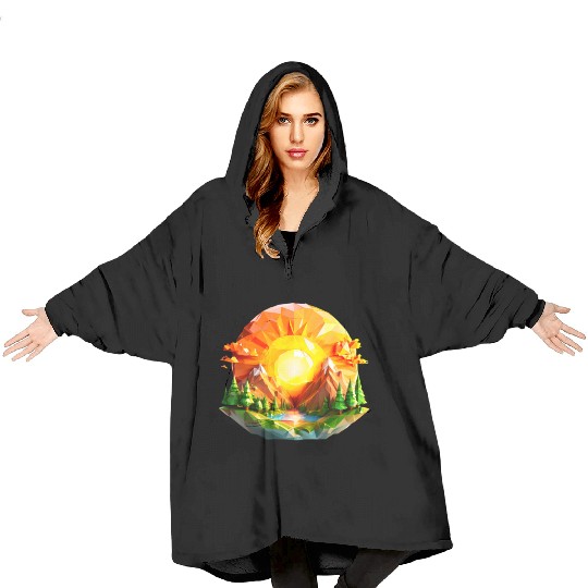 Vibrant Geometric Sunrise Landscape – Nature-Inspi Blanket Hoodies