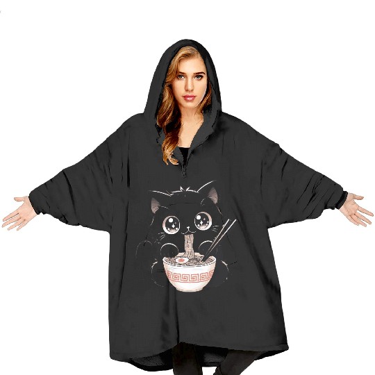 Cute Kawaii Cat eating Ramen Asian Food Gift Blanket Hoodies
