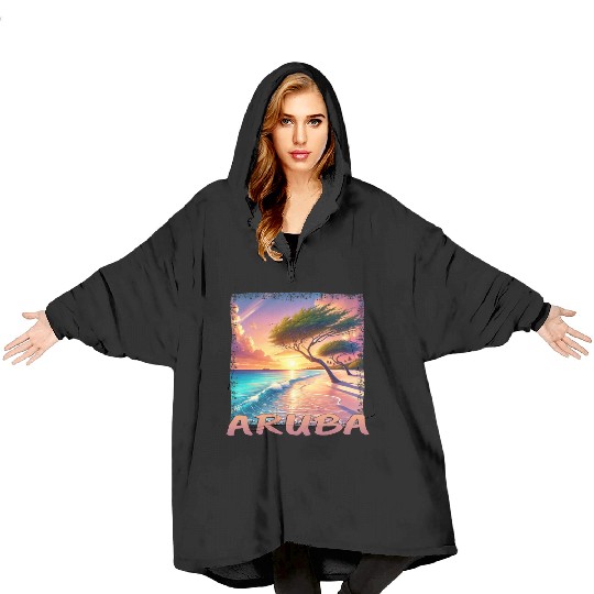 Aruba Eagle Beach Sunset Palm Trees Grunge Blanket Hoodies