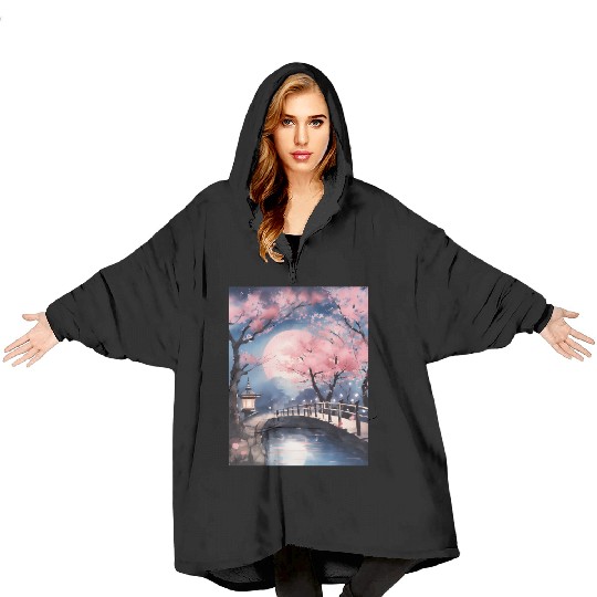 Watercolor cherry blossom festival full moon Blanket Hoodies