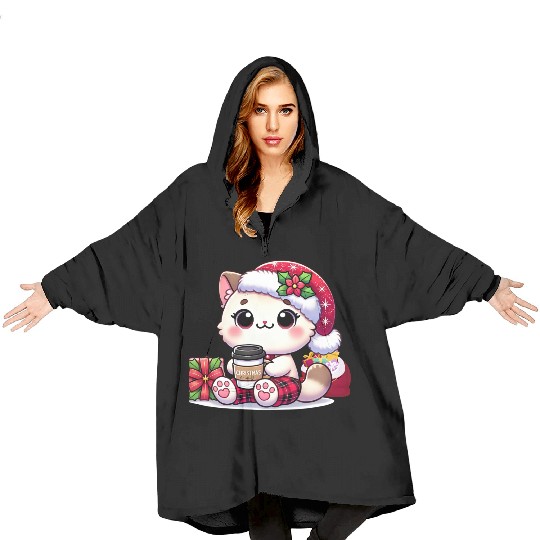 A Cute Kawaii Cat Drinking Coffee Blanket Hoodies