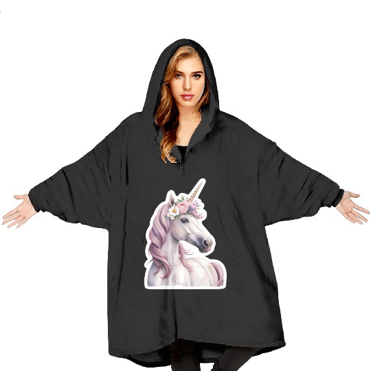 unicorn with flowers Blanket Hoodies