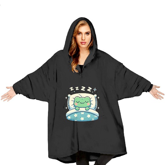 Frog Sleeping In Bed At Night Time Blanket Hoodies