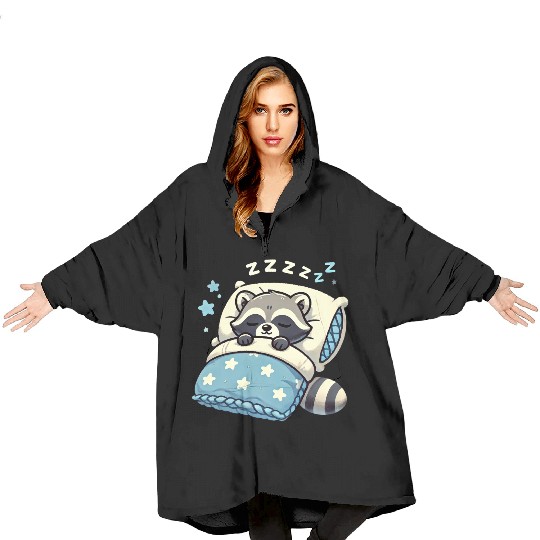Raccoon Sleeping In Bed At Night Time Blanket Hoodies