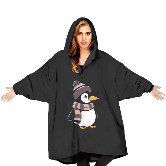 Cute cartoon penguin wearing winter hat and scarf Blanket Hoodies