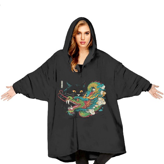 Ukiyo-e Black Cat Chinese Dragon Blanket Hoodies