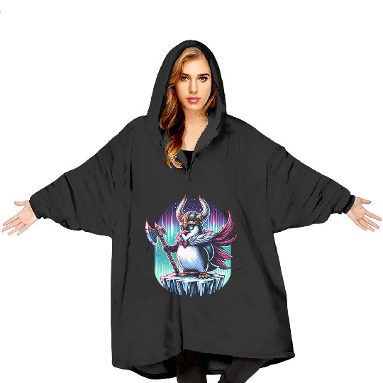 Viking Penguin Warrior Under Northern Lights Blanket Hoodies