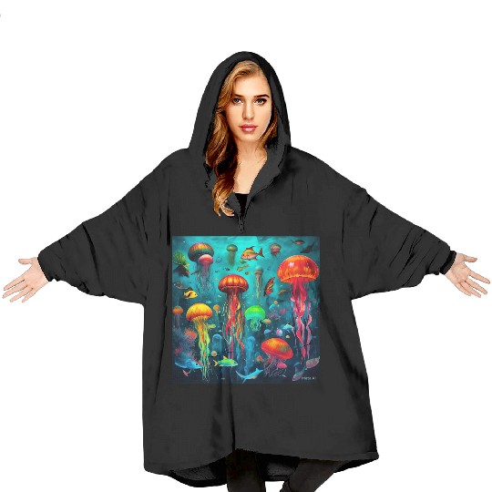 Jellyfish atomic and neon. Blanket Hoodies