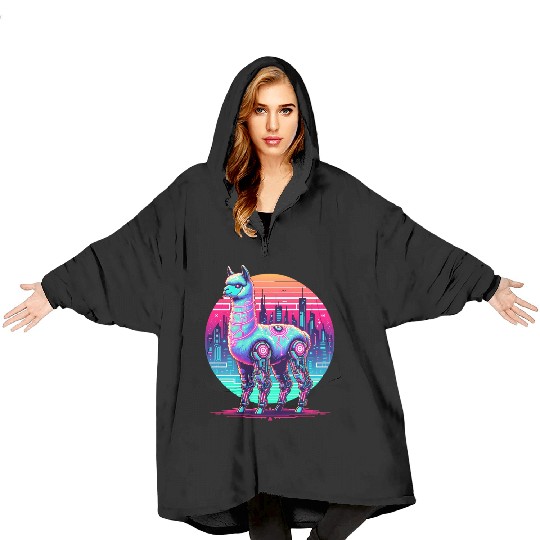 Futuristic Cyber Llama in Neon Cityscape Blanket Hoodies