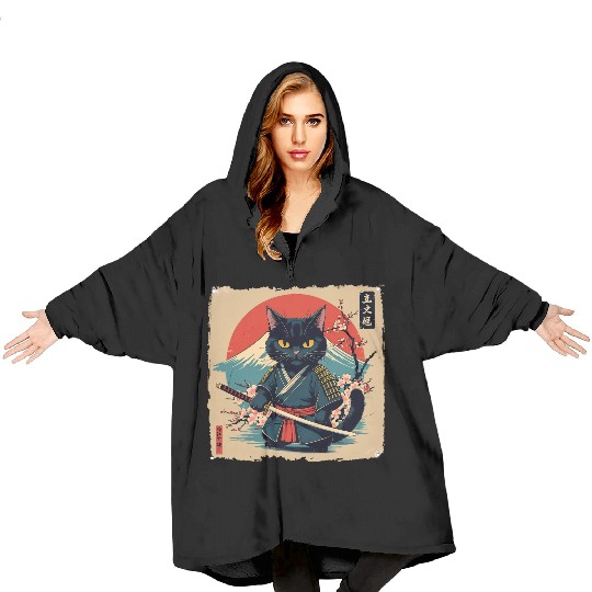samurai cat Blanket Hoodies