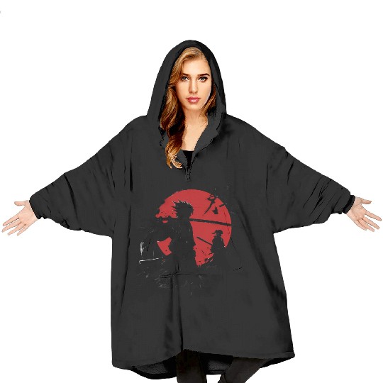 Shadow Samurai Warriors Under Blood Moon Blanket Hoodies
