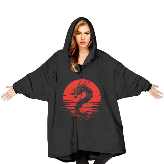 Dragon Rising Under the Blood Moon Blanket Hoodies
