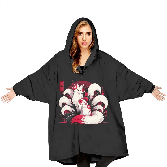 Kitsune Fox Red spider lily Flowers Japanese Nine Blanket Hoodies