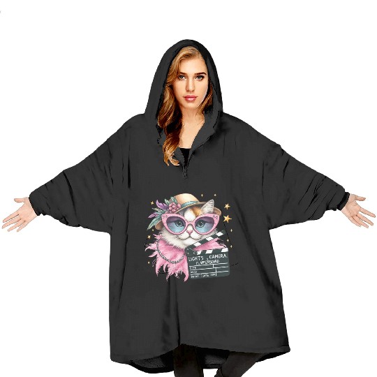 Lights, Camera, Meow! - Glamorous Cat Fashion Blanket Hoodies