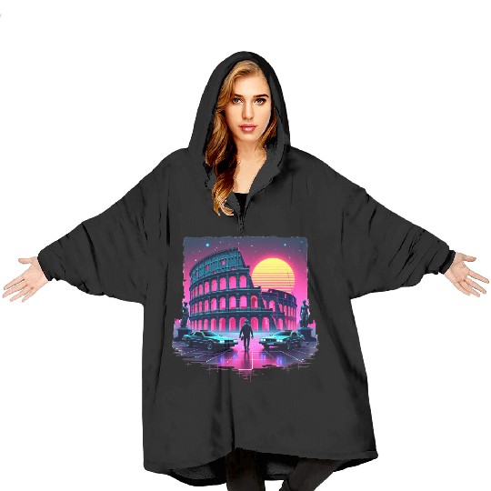 "Neon Colosseum – Retro Synthwave Rome Aesthetic" Blanket Hoodies
