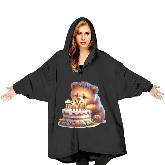 Birthday Bear – Cute Candle Cake & Floral Crown Blanket Hoodies