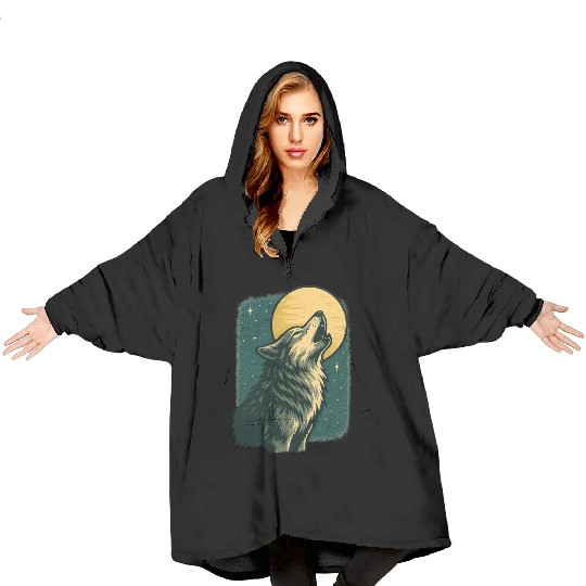 Lone wolf howl at the moon Blanket Hoodies