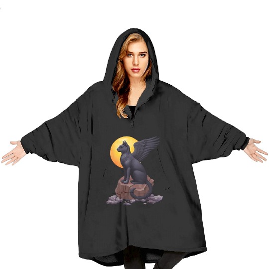 Mystic Black Winged Cat Under the Moon | Blanket Hoodies