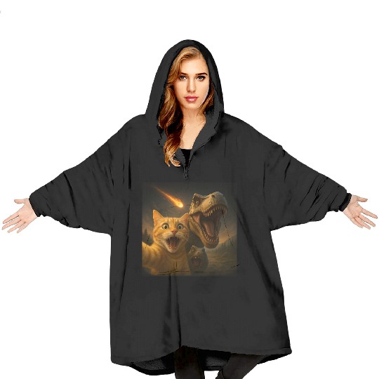 Funny Cat Dino Selfie Meteor Meme Surreal Apocalyp Blanket Hoodies