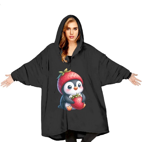 Cute penguin with strawberry cartoon summer fun Blanket Hoodies