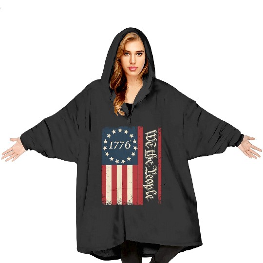 Distressed 1776 Betsy Ross Flag We The People Blanket Hoodies