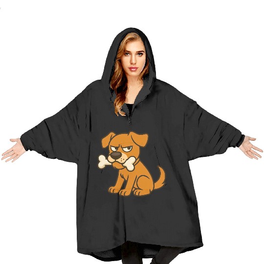 Grumpy Dog with Bone – Cute Cartoon Style Blanket Hoodies