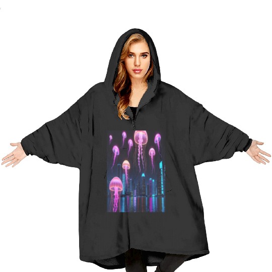 Neon Jellyfish Over Cyber City Blanket Hoodies