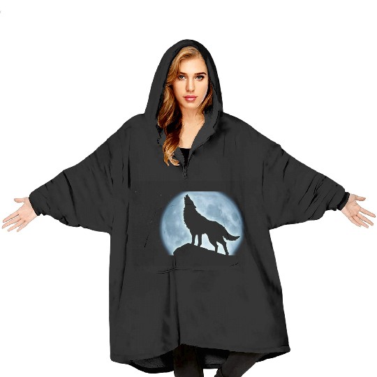 Wolf howling in the moonlight Blanket Hoodies