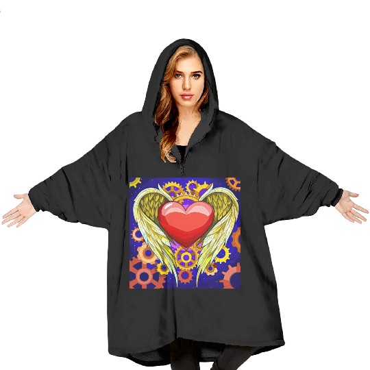 Mechanical Heart with Angel Wings Blanket Hoodies