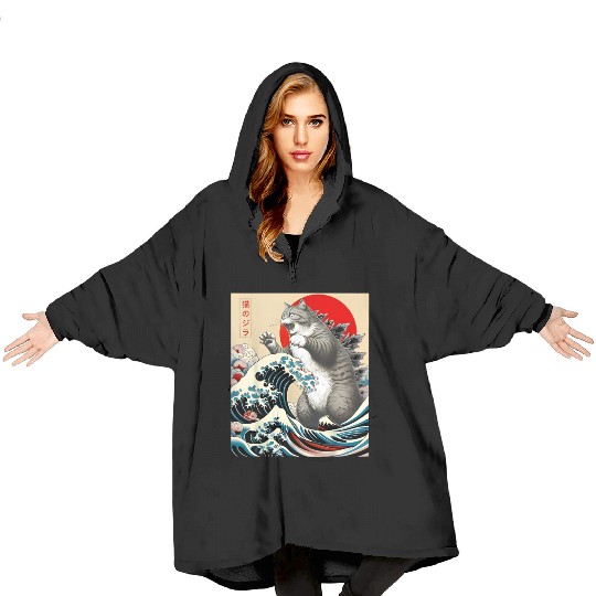 Catzilla Cat Japanese Art Funny Cat Blanket Hoodies