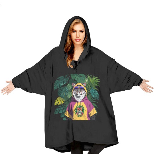 Tropical Lion Blanket Hoodies with Jungle Motif